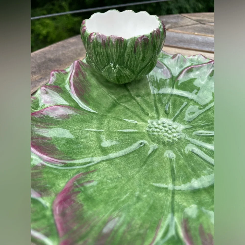 Vintage Sur La Table Green Majolica Artichoke Plate Attached Dip Dish 8” Italy